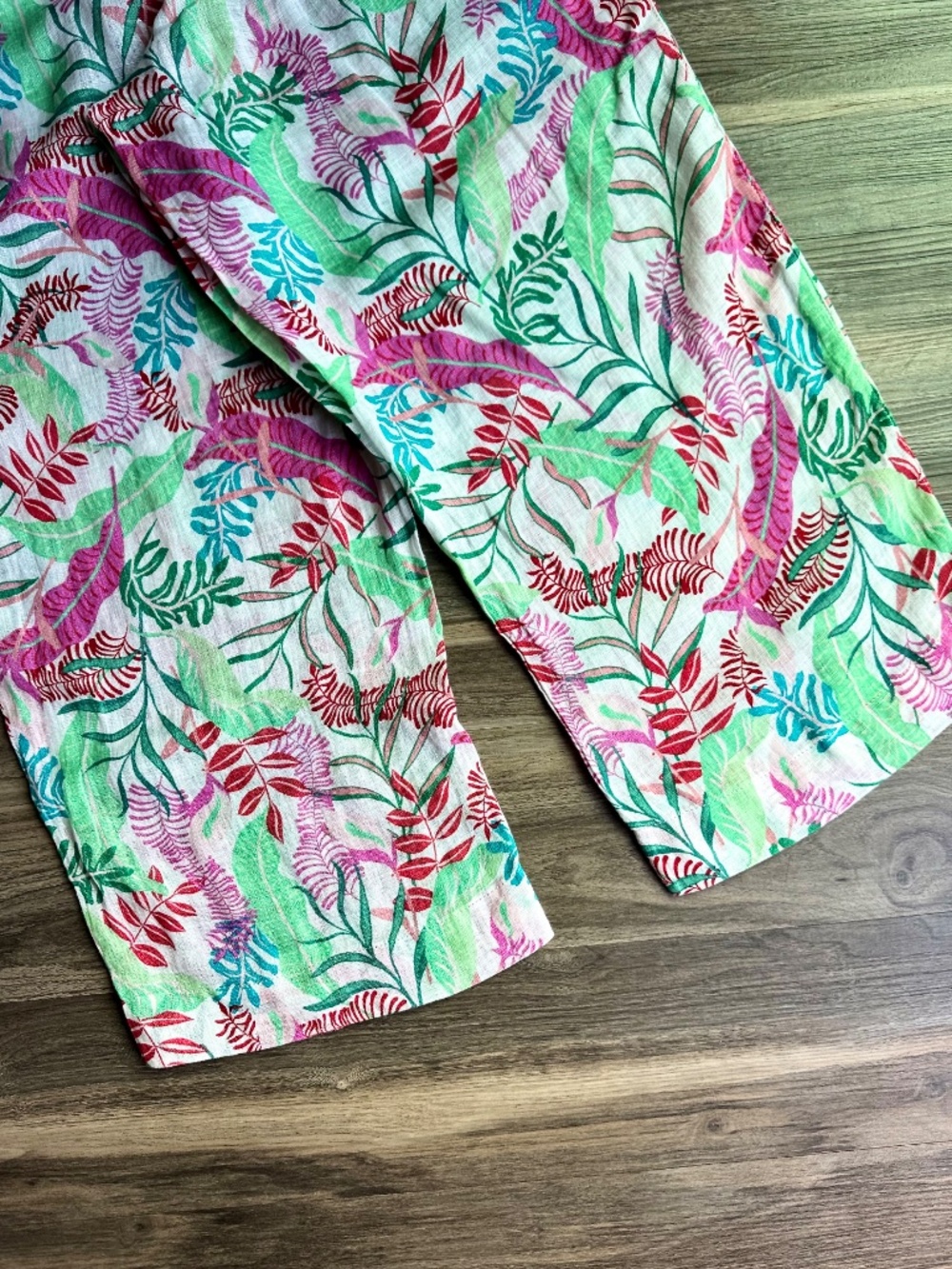 Tropical Resort Wide Leg Palazzo Pants Tassel Tie Botanical Print White - Picture 11 of 14
